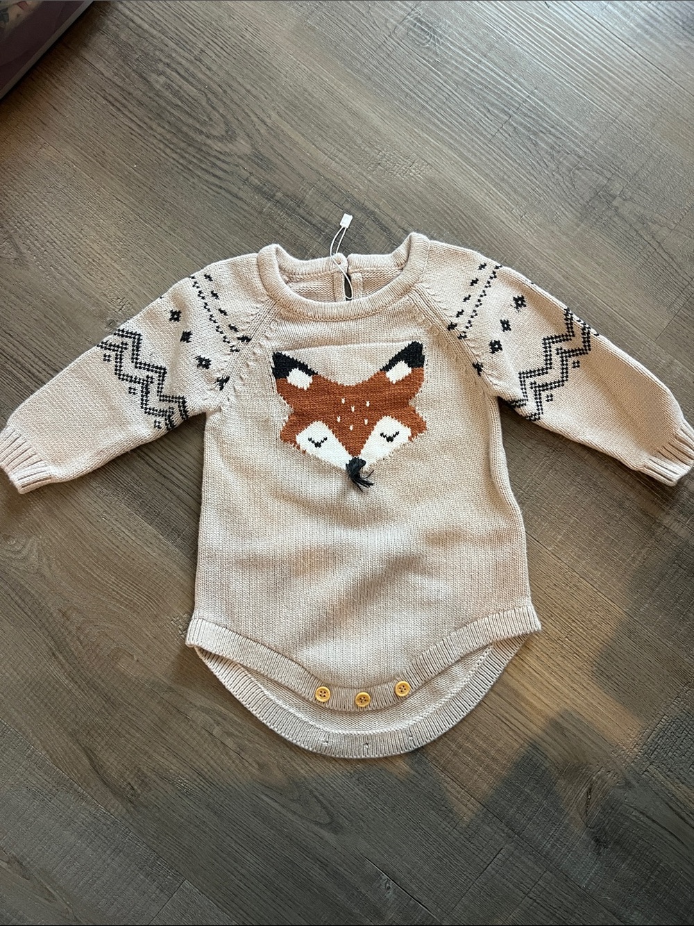 Cream Knit Baby Romper with Fox Motif